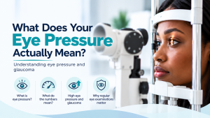 Woman undergoing an eye examination to assess eye pressure and glaucoma risk.